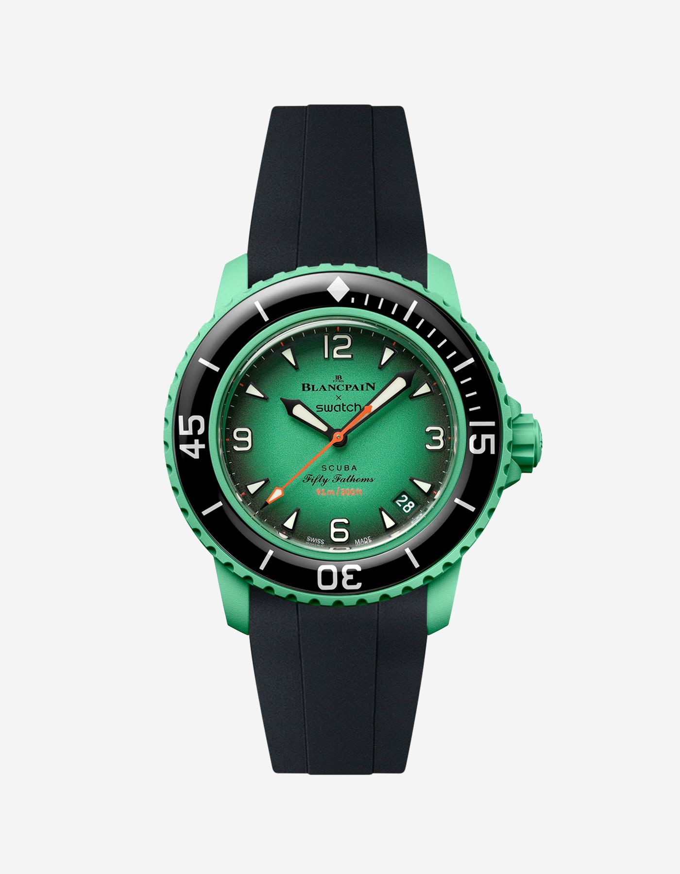 Blancpain X Swatch Indian Ocean watch displayed from the front with black rubber strap mounted