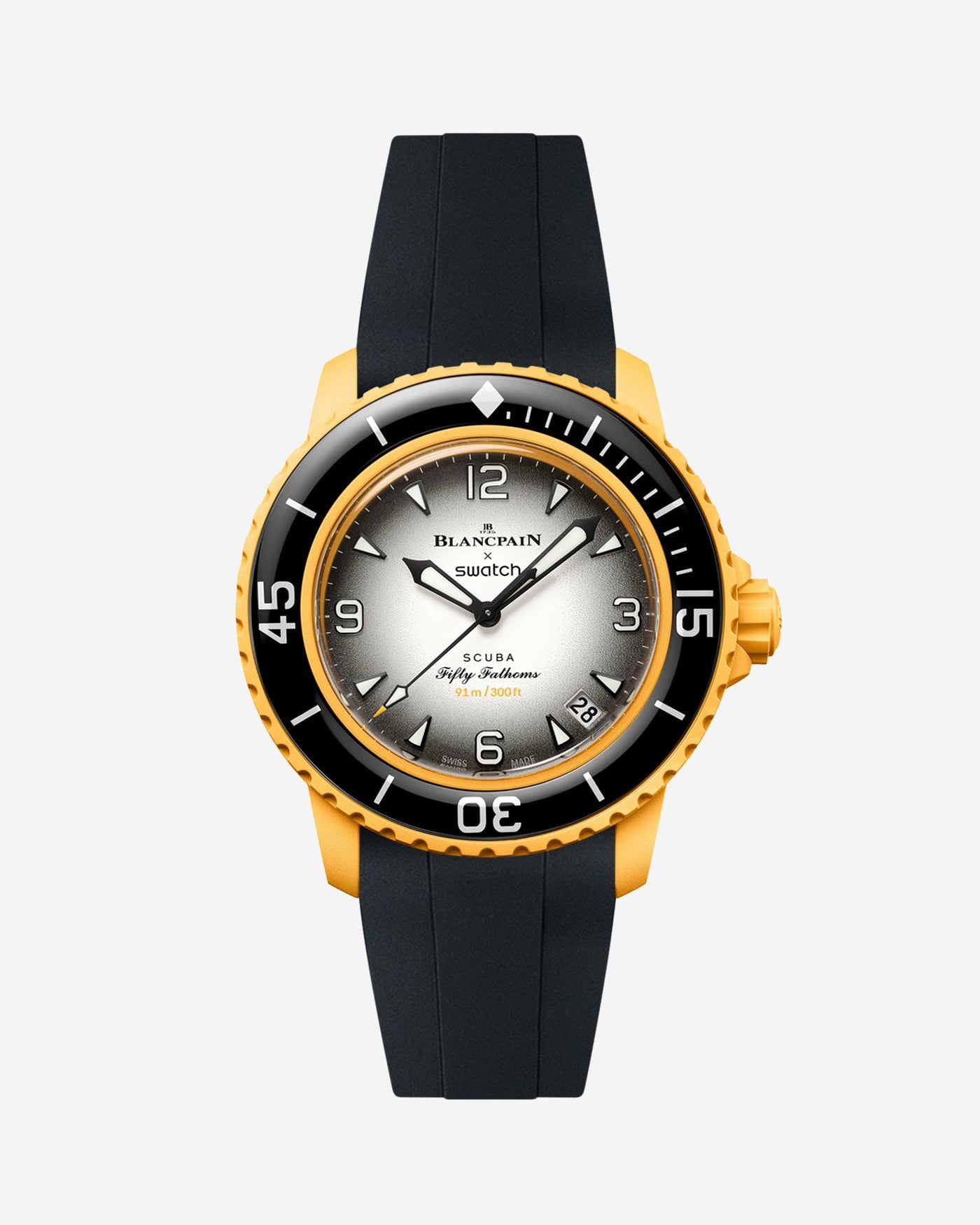 Blancpain X Swatch Pacific Ocean displayed from the front with black rubber strap mounted