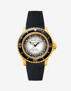 Blancpain X Swatch Pacific Ocean displayed from the front with black rubber strap mounted
