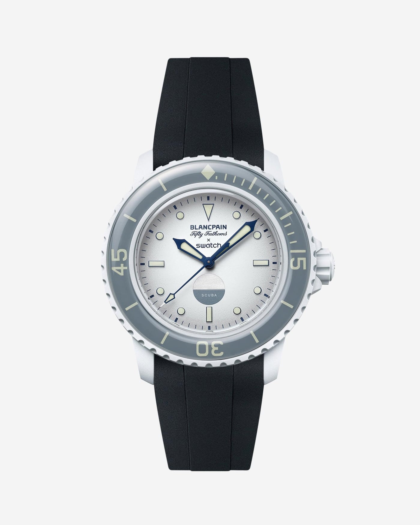 Front view of Blancpain X Swatch Antarctic Ocean with black rubber strap fitted on the watch