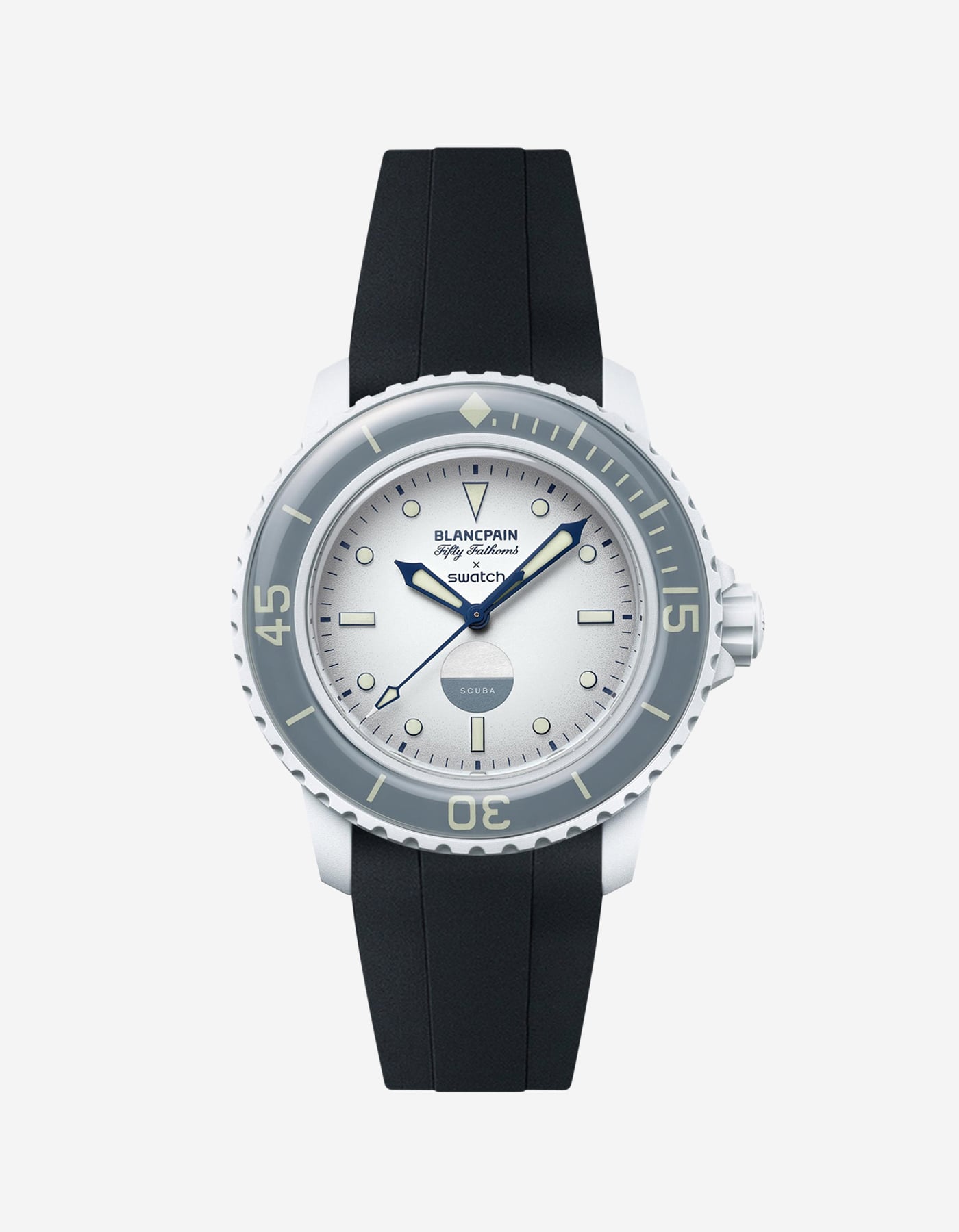 Front view of Blancpain X Swatch Antarctic Ocean with black rubber strap fitted on the watch
