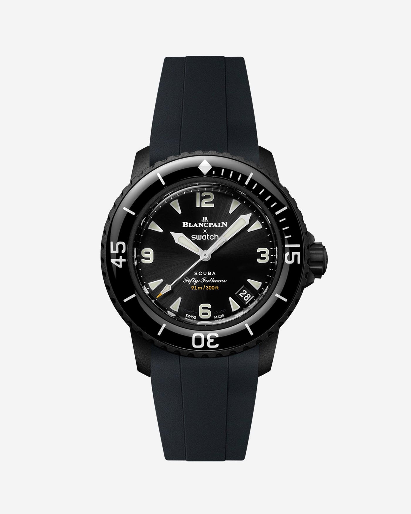 Blancpain Swatch The Ocean of Storms diver watch shown with black rubber strap attached