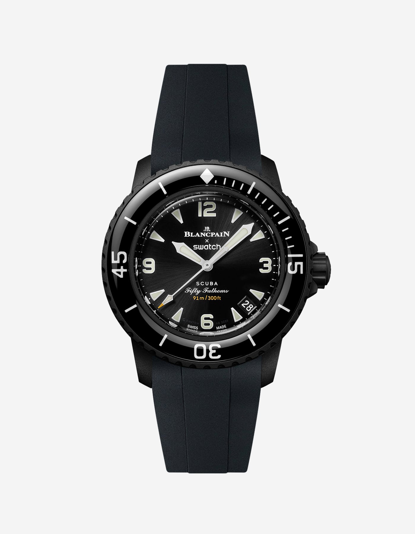 Blancpain Swatch The Ocean of Storms diver watch shown with black rubber strap attached