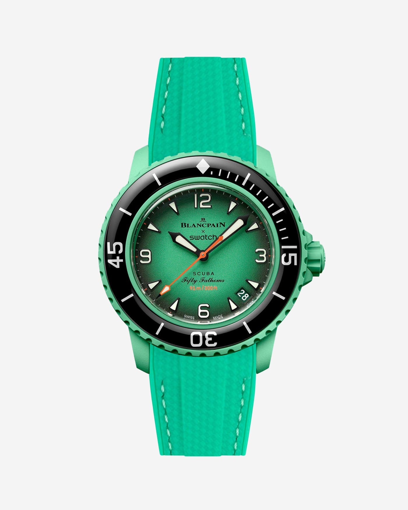 Blancpain X Swatch Indian Ocean watch displayed from the front with green vertech rubber strap mounted