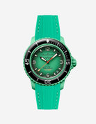 Blancpain X Swatch Indian Ocean watch displayed from the front with green vertech rubber strap mounted