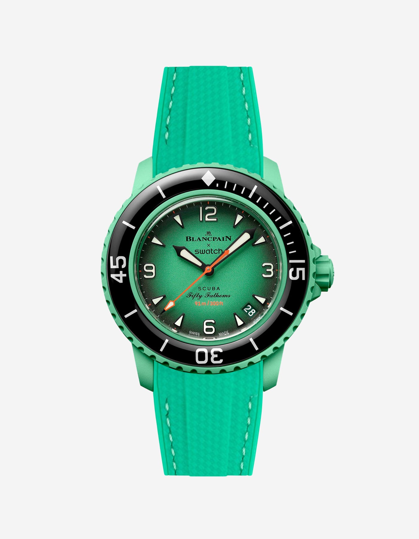 Blancpain X Swatch Indian Ocean watch displayed from the front with green vertech rubber strap mounted