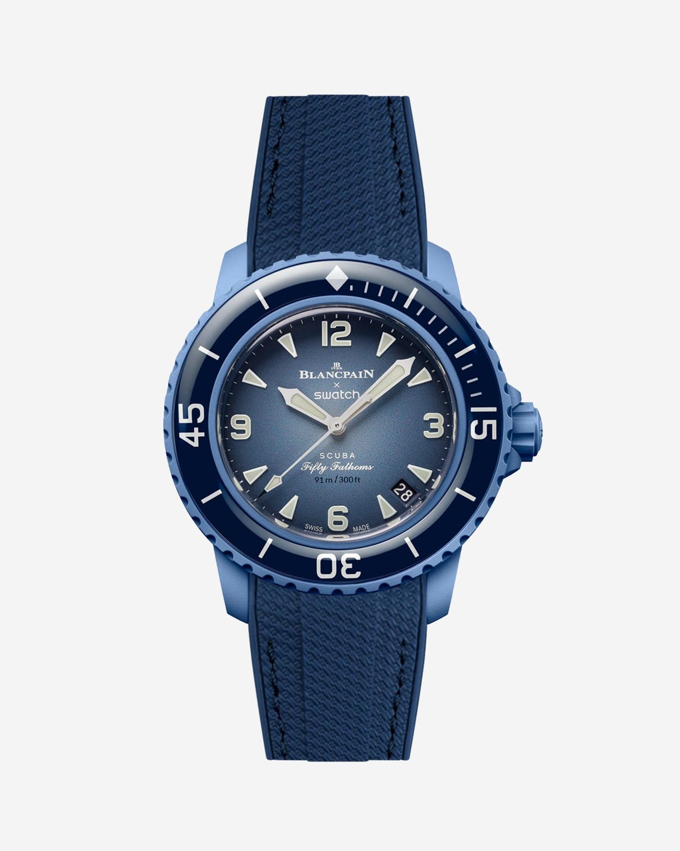 Blancpain Swatch Atlantic Ocean watch shown with blue vertech rubber strap attached