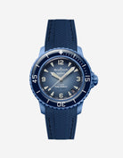 Blancpain Swatch Atlantic Ocean watch shown with blue vertech rubber strap attached