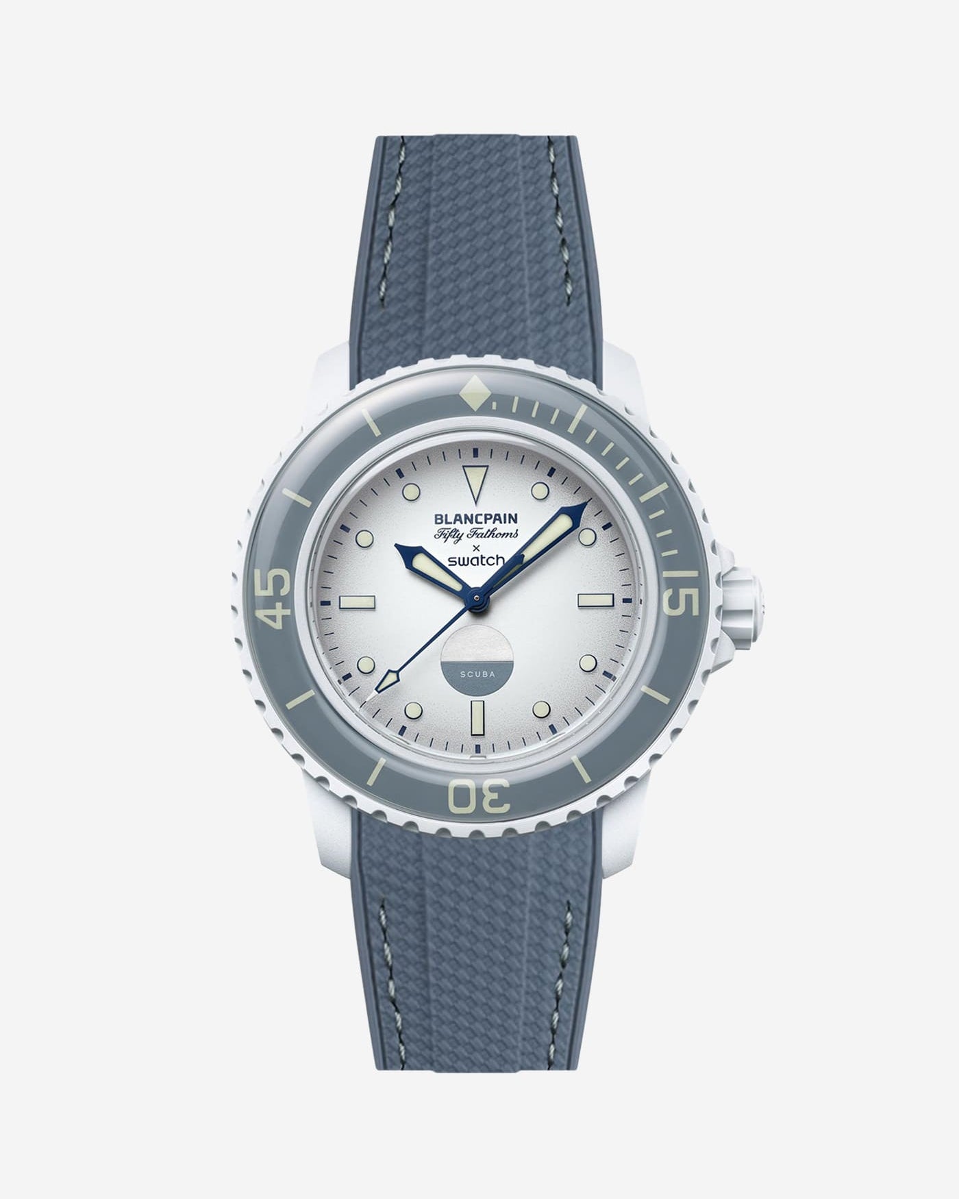 Front view of Blancpain X Swatch Antarctic Ocean with grey vertech rubber strap fitted on the watch