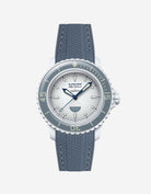 Front view of Blancpain X Swatch Antarctic Ocean with grey vertech rubber strap fitted on the watch