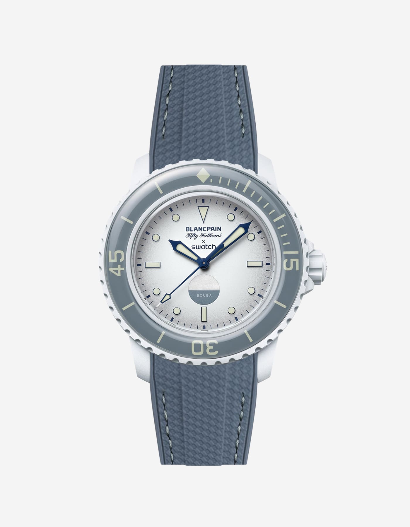 Front view of Blancpain X Swatch Antarctic Ocean with grey vertech rubber strap fitted on the watch