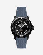 Blancpain X Swatch The Ocean of Storms diver watch displayed with grey rubber strap with green stitches mounted
