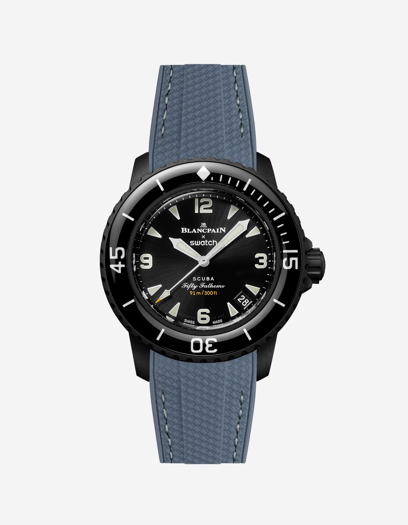 Blancpain X Swatch The Ocean of Storms diver watch displayed with grey rubber strap with green stitches mounted