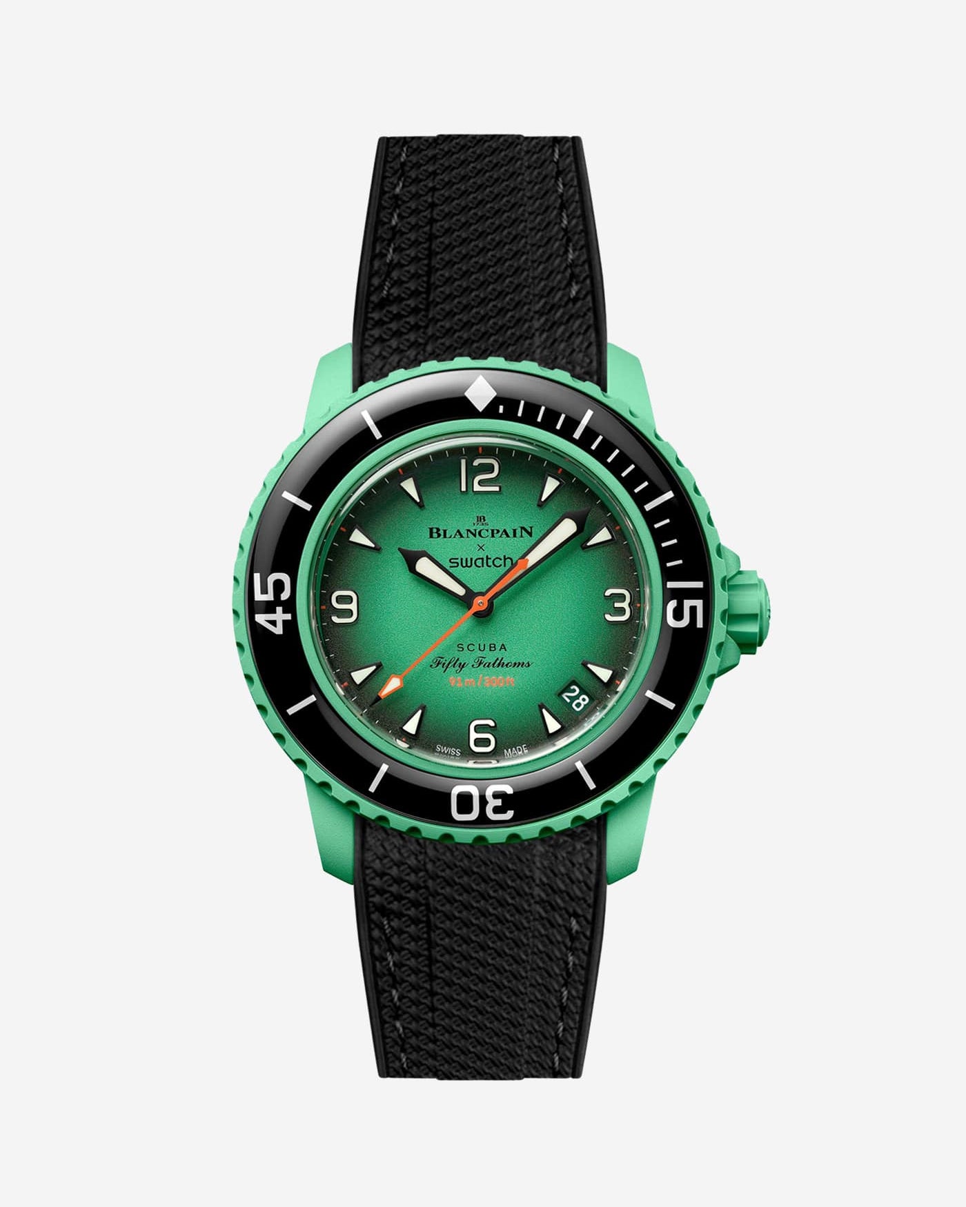 Blancpain X Swatch Indian Ocean watch displayed from the front with black vertech rubber strap mounted
