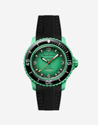Blancpain X Swatch Indian Ocean watch displayed from the front with black vertech rubber strap mounted