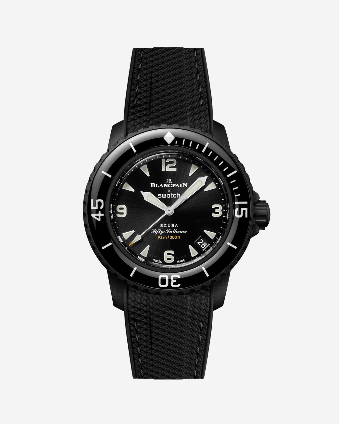 Black vertech rubber strap fitted on Blancpain Swatch Ocean of Storms diver watch, front view