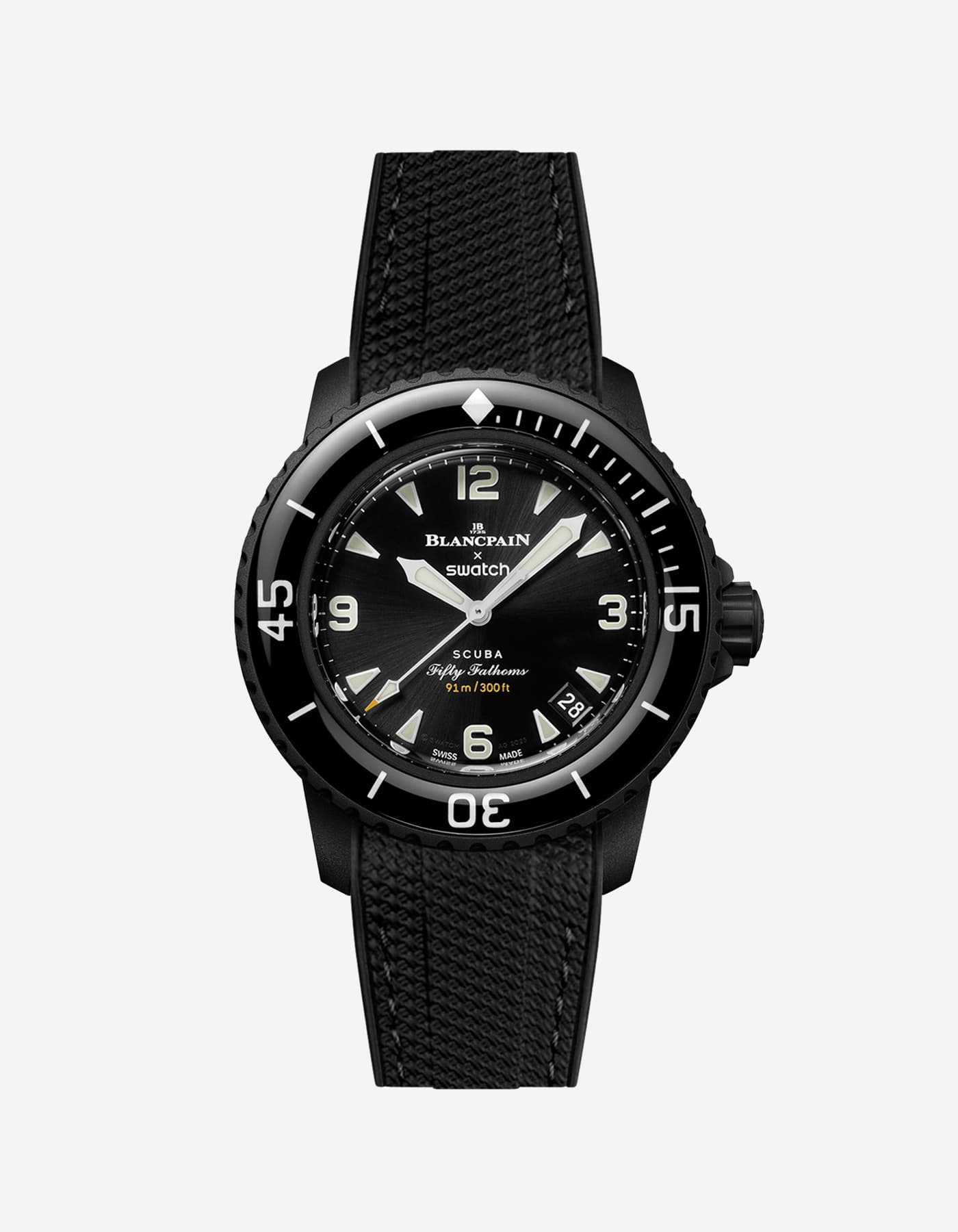 Black vertech rubber strap fitted on Blancpain Swatch Ocean of Storms diver watch, front view