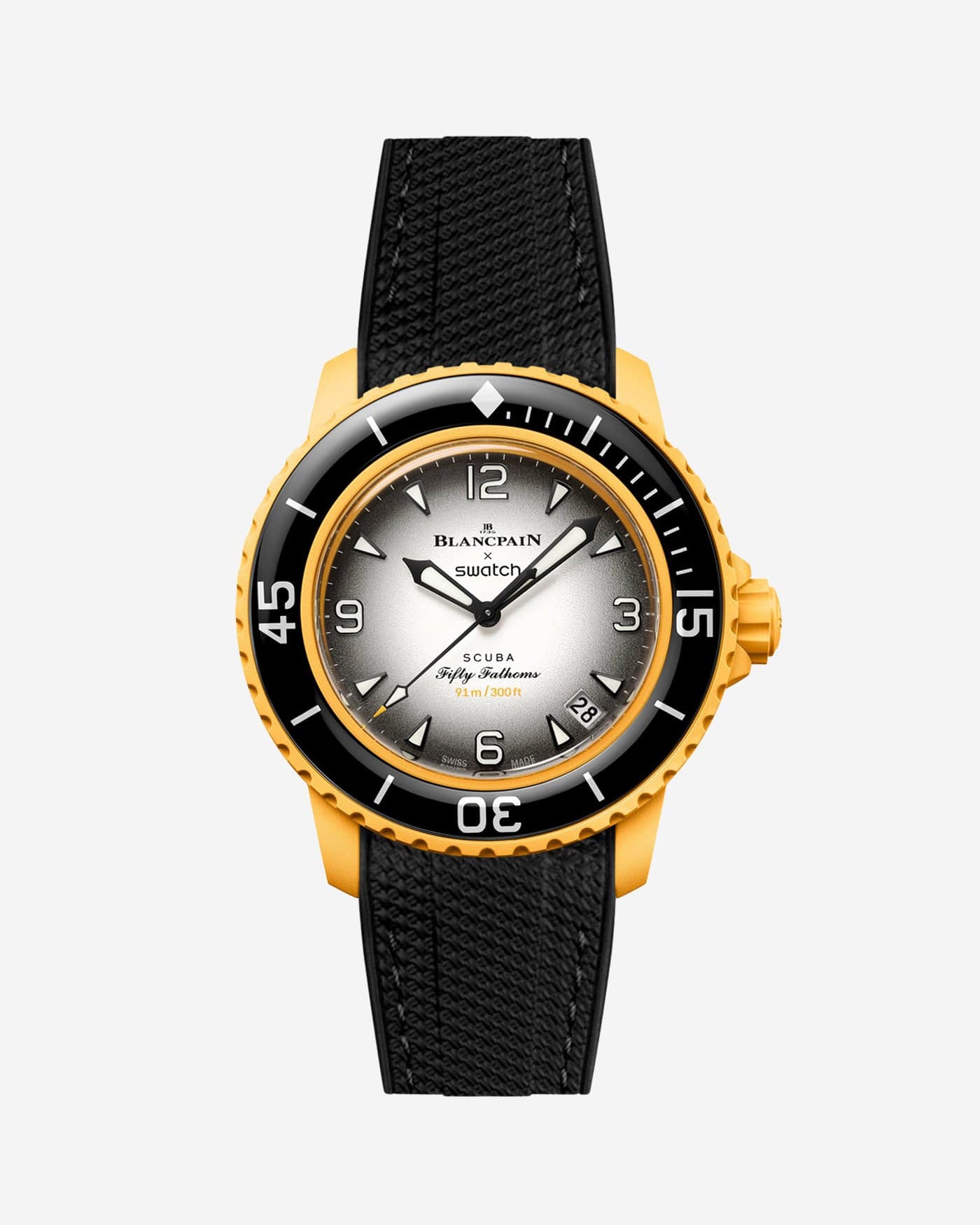 Black vertech rubber strap fitted on Blancpain Swatch Pacific Ocean watch, front view