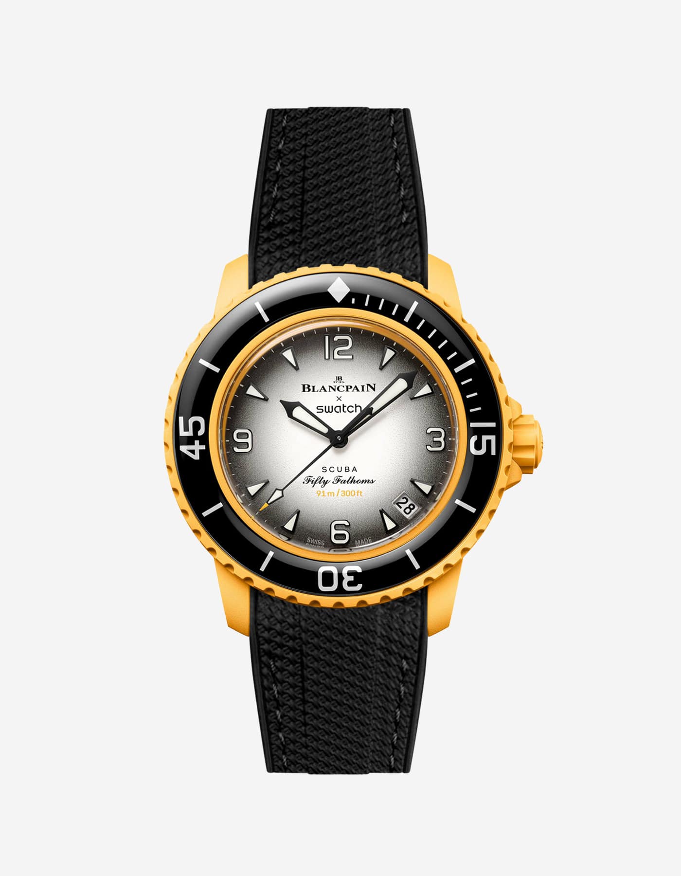 Black vertech rubber strap fitted on Blancpain Swatch Pacific Ocean watch, front view