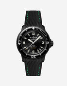 Blancpain X Swatch The Ocean of Storms diver watch displayed with black rubber strap with green stitches mounted