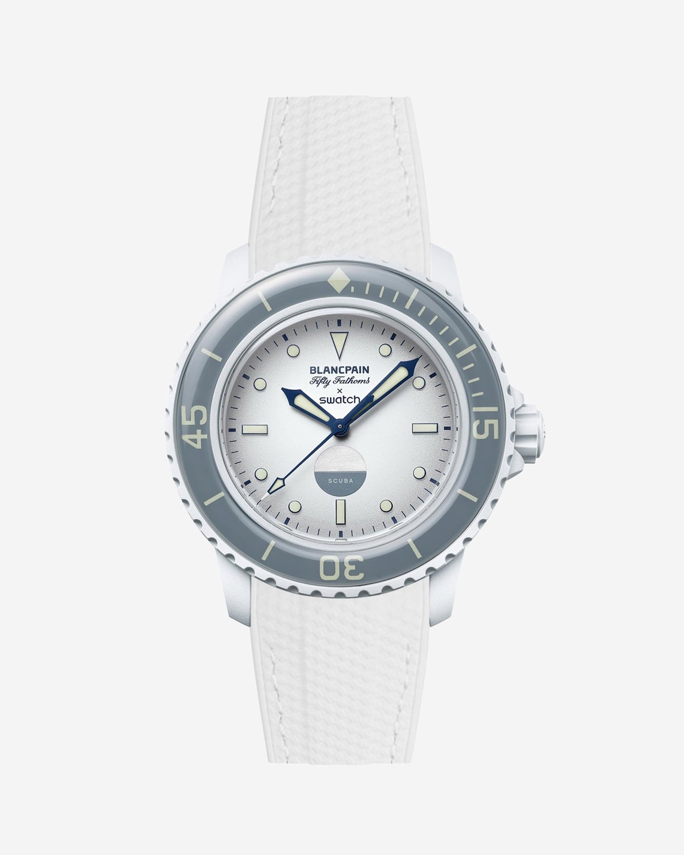 Front view of Blancpain X Swatch Antarctic Ocean with white vertech rubber strap fitted on the watch