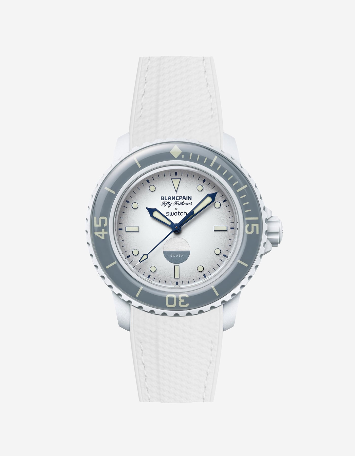 Front view of Blancpain X Swatch Antarctic Ocean with white vertech rubber strap fitted on the watch