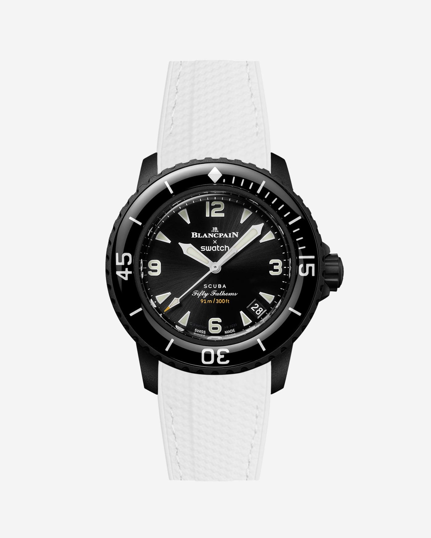 Blancpain X Swatch The Ocean of Storms diver watch displayed with white rubber strap with green stitches mounted