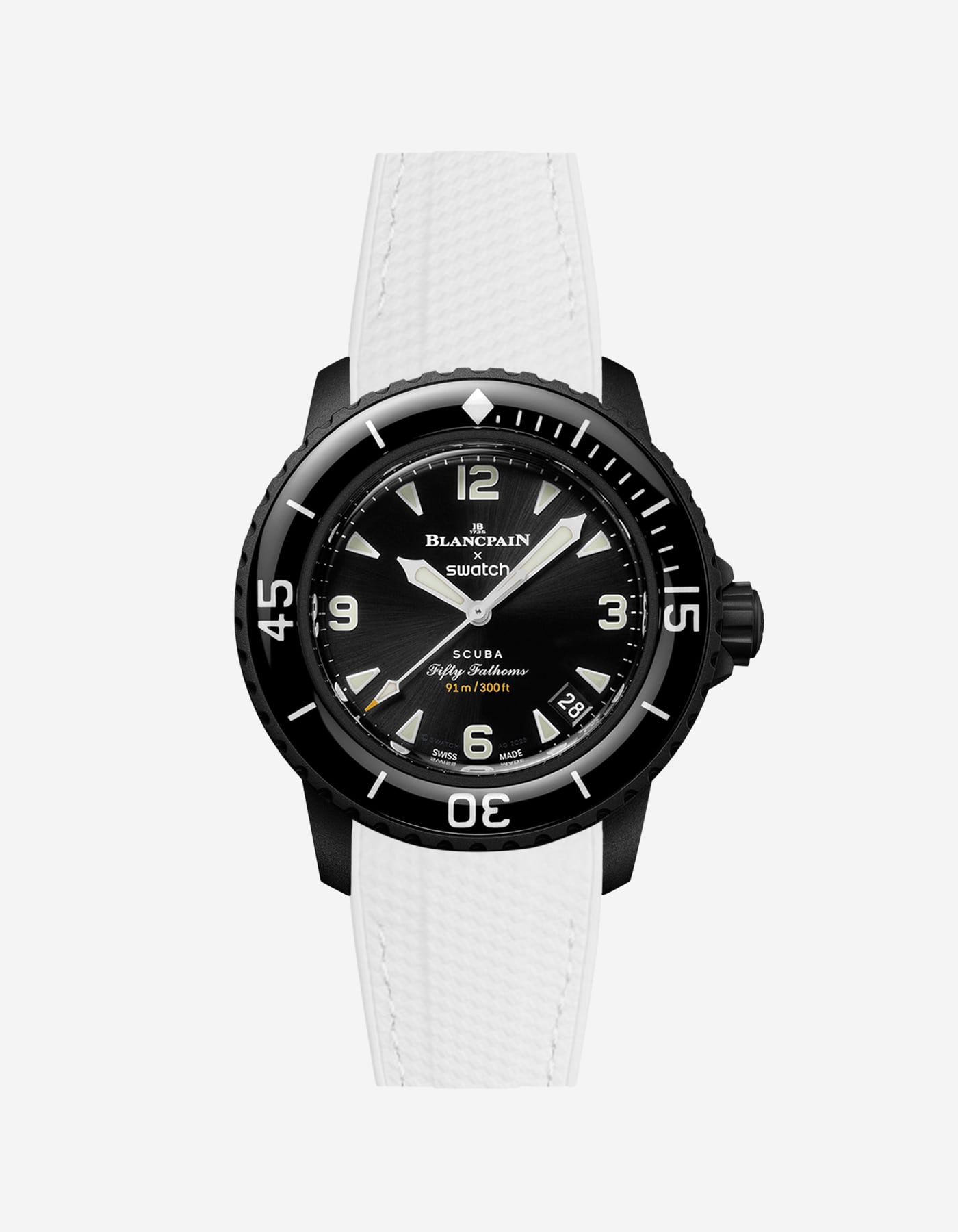 Blancpain X Swatch The Ocean of Storms diver watch displayed with white rubber strap with green stitches mounted
