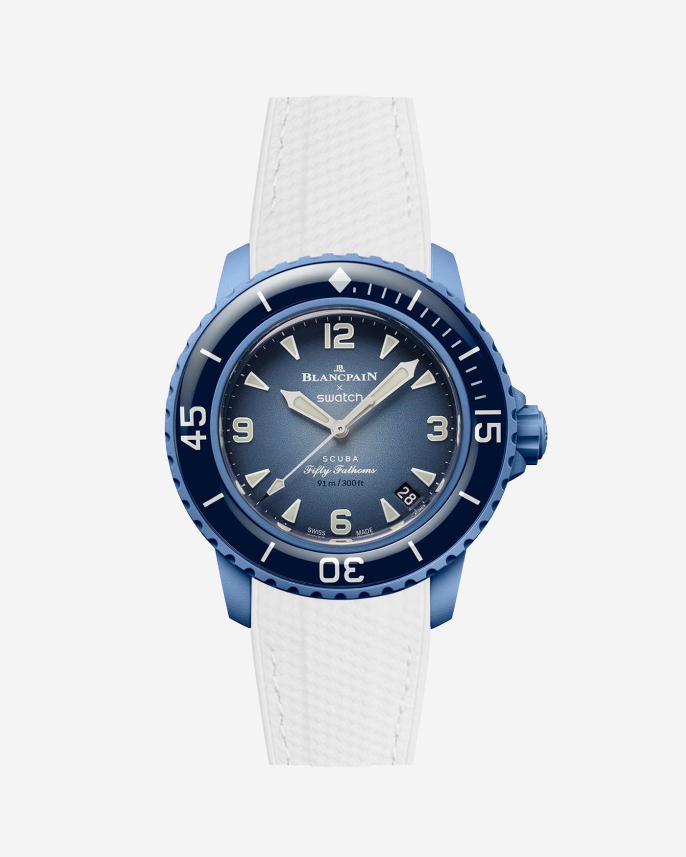 Front view of Blancpain Swatch Atlantic Ocean watch with blue dial and fitted white strap