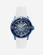Front view of Blancpain Swatch Atlantic Ocean watch with blue dial and fitted white strap