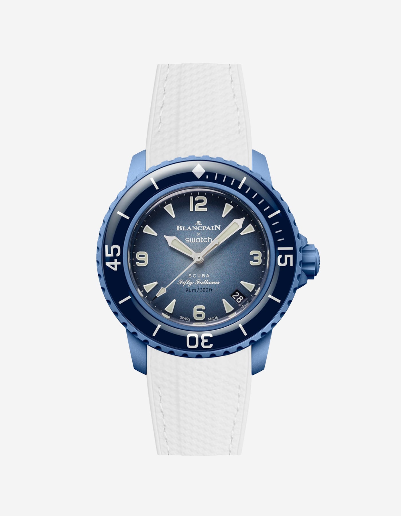Front view of Blancpain Swatch Atlantic Ocean watch with blue dial and fitted white strap