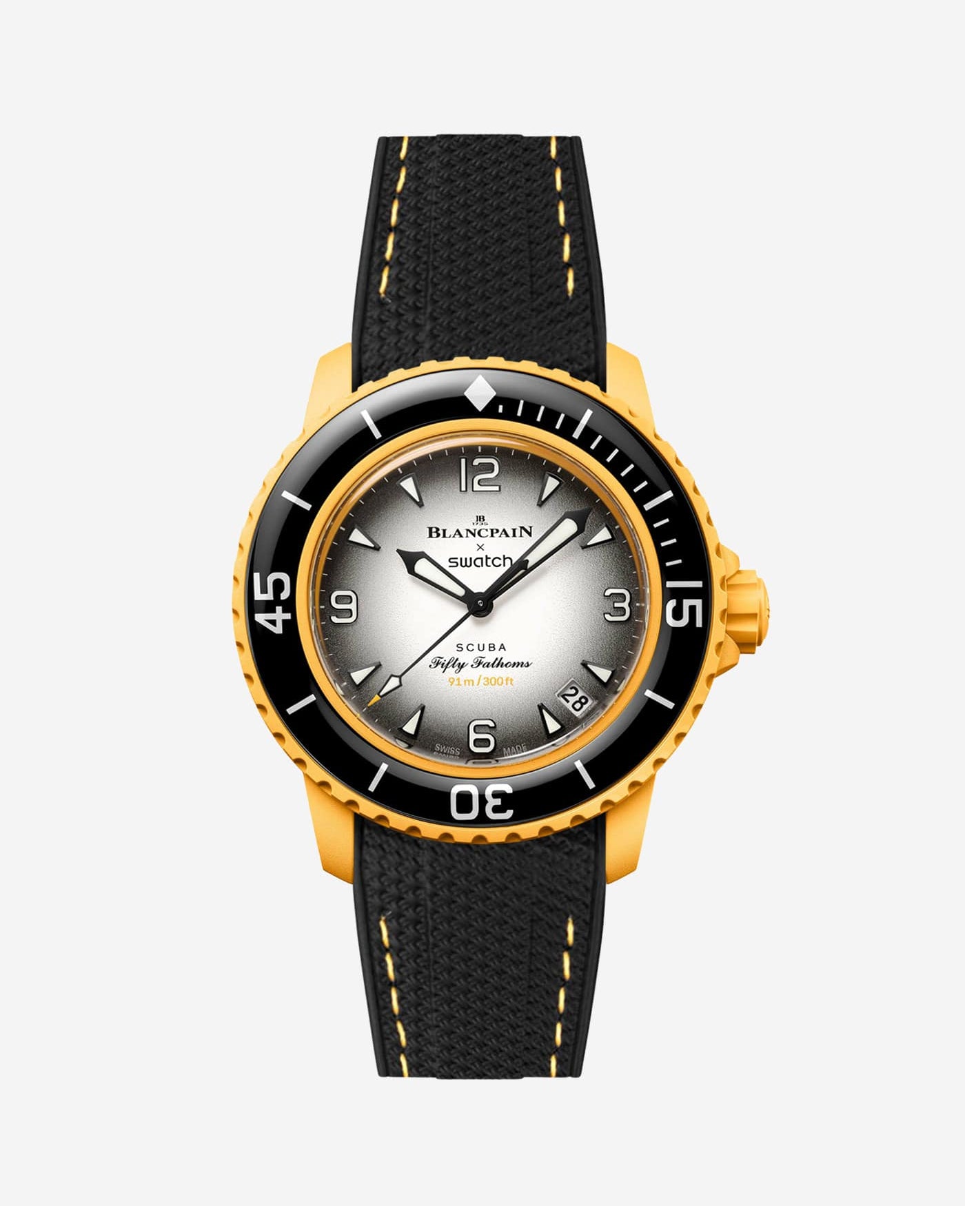 Black vertech rubber strap with yellow stitches fitted on Blancpain Swatch Pacific Ocean diver watch, front view