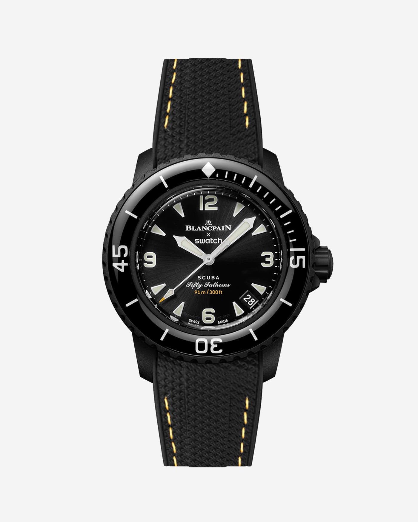 Blancpain Swatch Ocean of Storms diver watch shown from the front with black rubber strap with yellow stiches attached