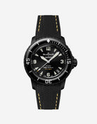 Blancpain Swatch Ocean of Storms diver watch shown from the front with black rubber strap with yellow stiches attached