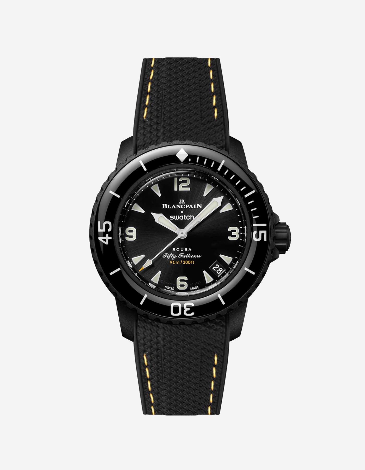 Blancpain Swatch Ocean of Storms diver watch shown from the front with black rubber strap with yellow stiches attached