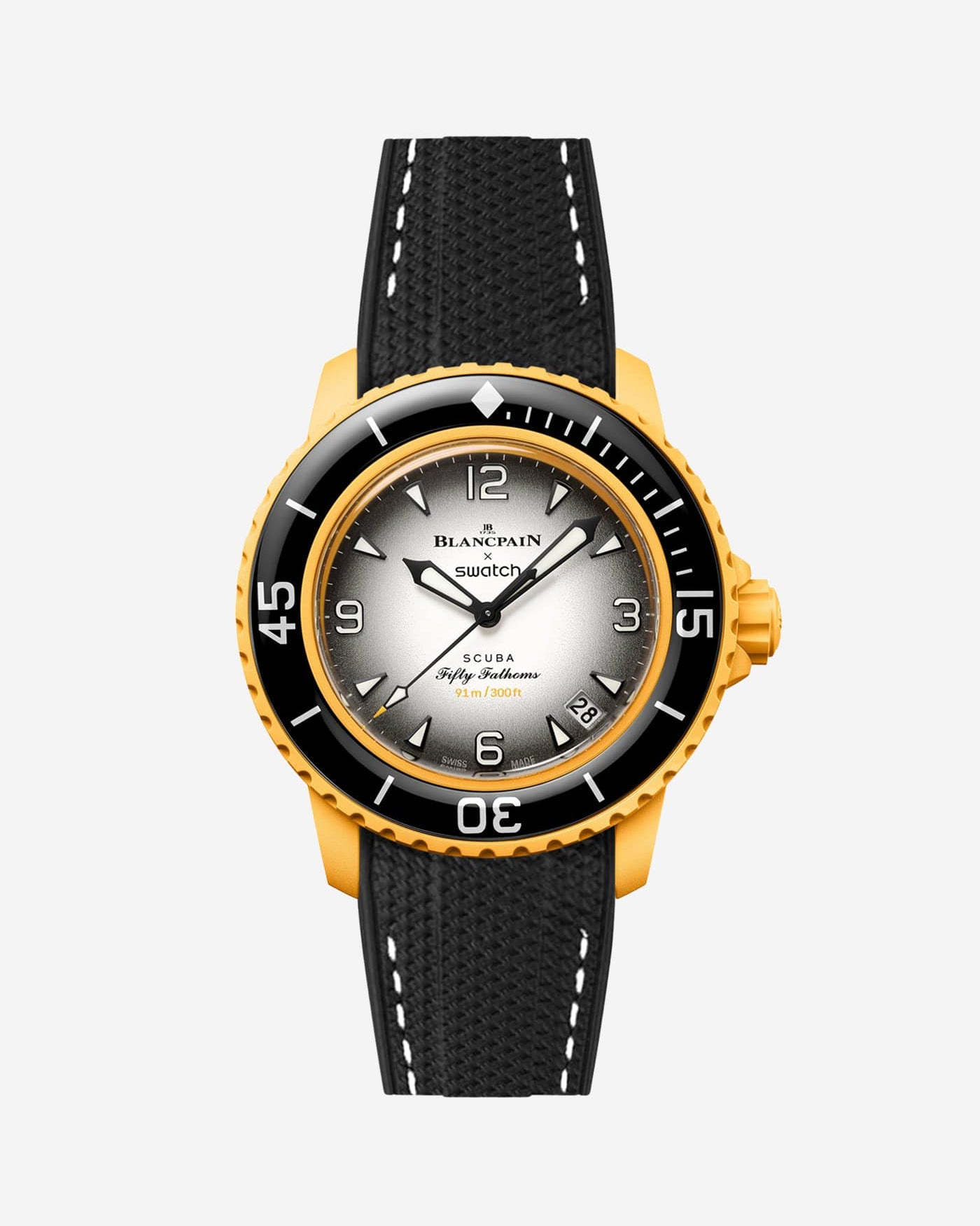 Black vertech rubber strap with white stitches fitted on Blancpain Swatch Pacific Ocean diver watch, front view