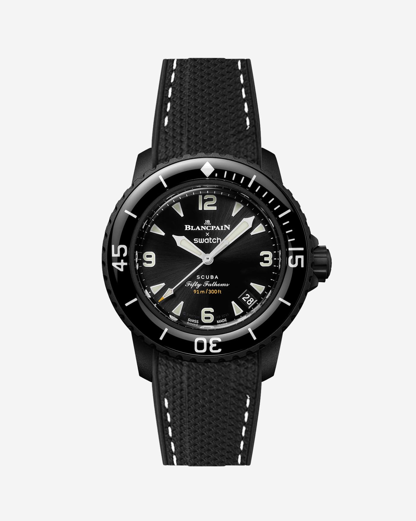 Black vertech rubber strap with white stitches fitted on Blancpain Swatch Ocean of Storms diver watch, front view