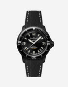 Black vertech rubber strap with white stitches fitted on Blancpain Swatch Ocean of Storms diver watch, front view