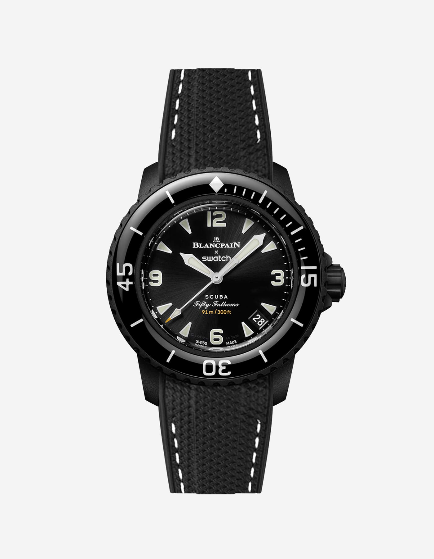 Black vertech rubber strap with white stitches fitted on Blancpain Swatch Ocean of Storms diver watch, front view