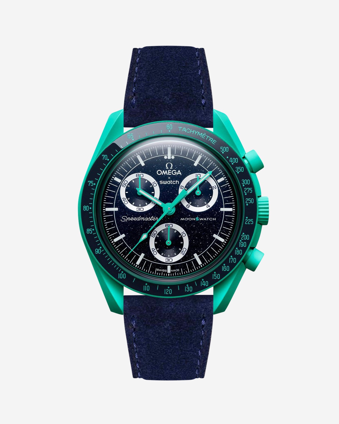 Omega X Swatch Mission on Earth Polar Lights with Dark blue suede leather strap mounted on watch – front view