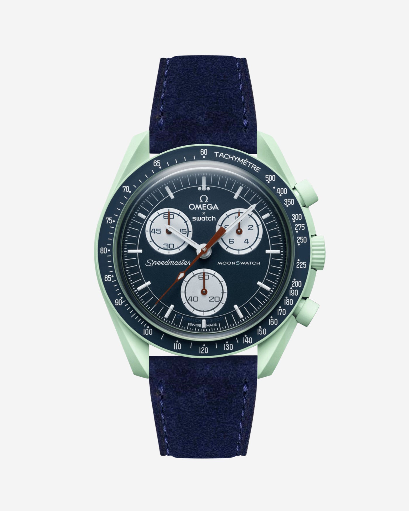 Omega X Swatch Mission on Earth with Dark blue suede leather strap mounted on watch – front view