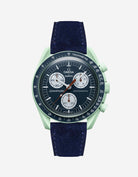 Omega X Swatch Mission on Earth with Dark blue suede leather strap mounted on watch – front view