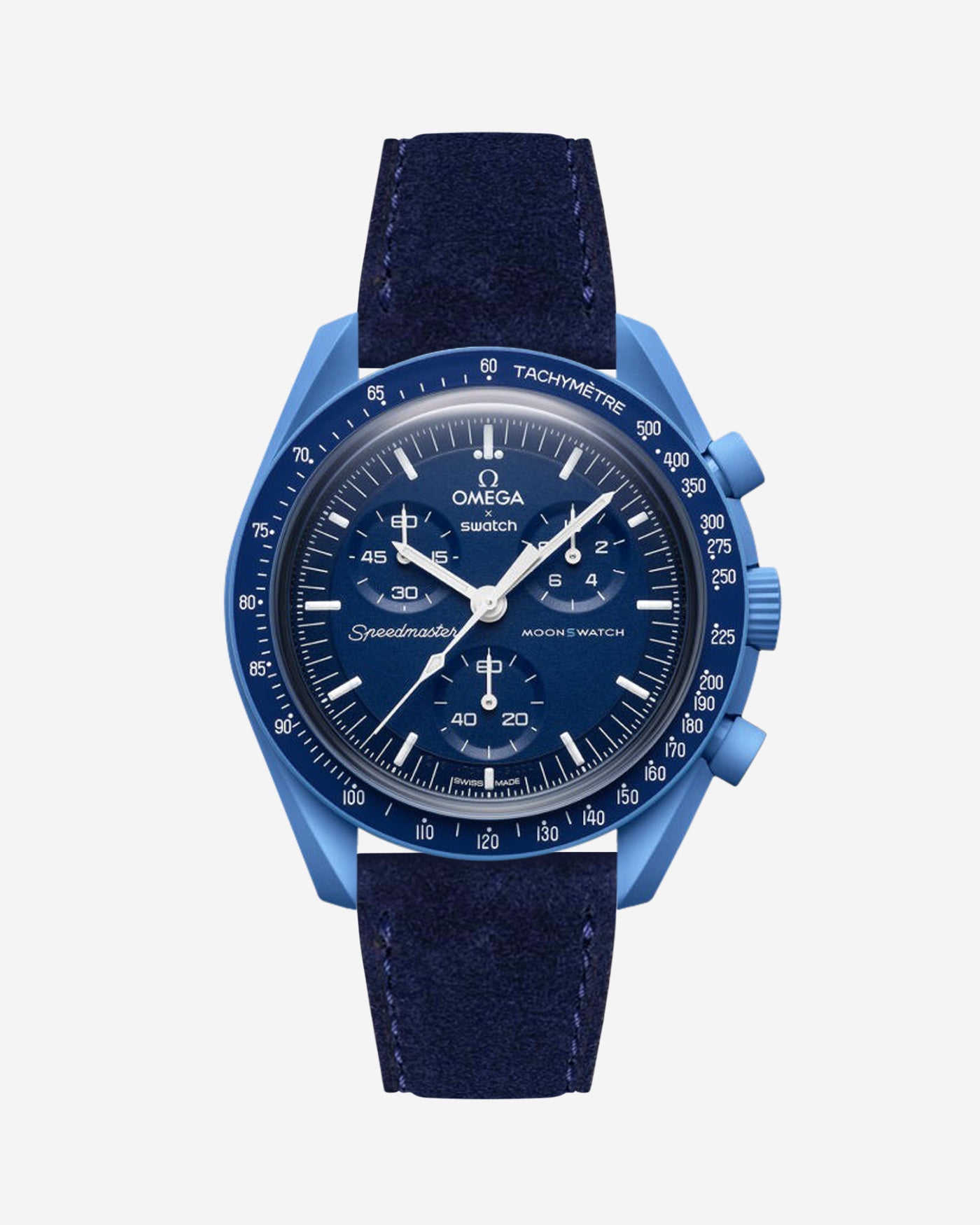 Omega X Swatch Mission to Neptune with Dark blue suede leather strap mounted on watch – front view
