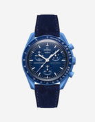 Omega X Swatch Mission to Neptune with Dark blue suede leather strap mounted on watch – front view