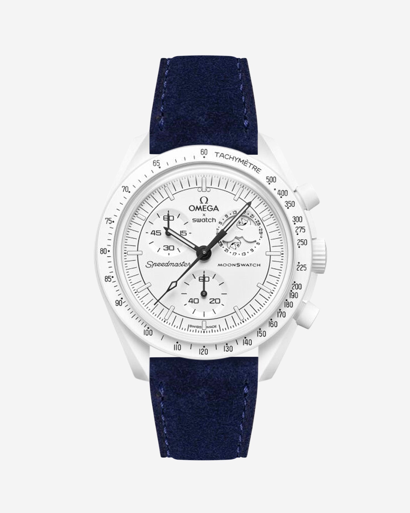 Omega X Swatch Mission to the Moonphase Full Moon with Dark Blue suede leather strap mounted on watch – front view