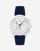 Omega X Swatch Mission to the Moonphase Full Moon with Dark Blue suede leather strap mounted on watch – front view