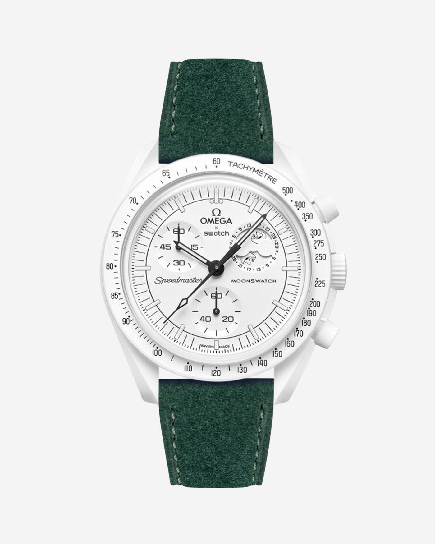 Omega X Swatch Mission to the Moonphase Full Moon with Dark Green suede leather strap mounted on watch – front view