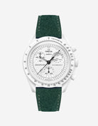 Omega X Swatch Mission to the Moonphase Full Moon with Dark Green suede leather strap mounted on watch – front view
