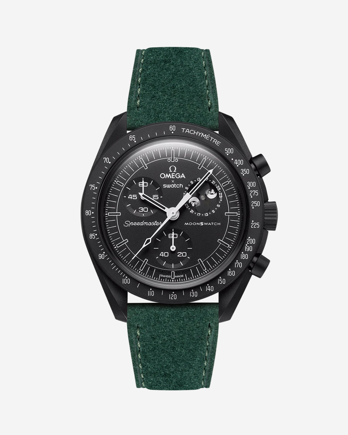 Omega X Swatch Mission to the Moonphase New Moon with Dark Green suede leather strap mounted on watch – front view