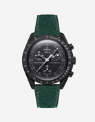 Omega X Swatch Mission to the Moonphase New Moon with Dark Green suede leather strap mounted on watch – front view